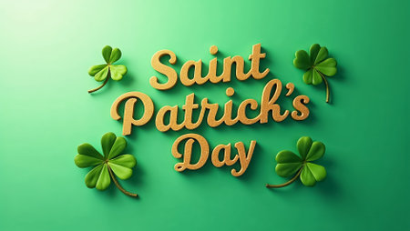 Shiny golden text announces Saint Patrick's Day surrounded by vibrant green clovers on a bright backdrop. Ideal for festive celebrations, decorations, and marketing.の素材