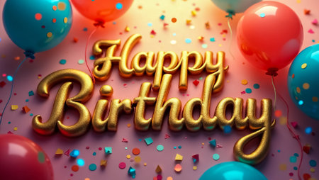 Happy birthday greeting highlighted by golden lettering surrounded by vibrant balloons and sparkling confetti brings a joyful and festive atmosphere to any celebration setting.の素材