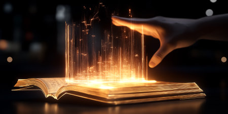 Hand performing magic by generating glowing patterns from open book. Dark ambient setting with luminous sparkles enhancing mystique. Concept of storytelling, fantasy, digital arts.の素材