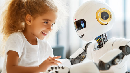 Girl smiling and engaging with robot toy in bright, modern playroom. Sunlight streams through large windows, creating an inviting atmosphere. Concept of technology, childhood learning, innovation.の素材