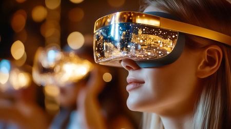 Woman experiences virtual reality through sleek headset. Captivating lights and digital displays surround her in an immersive tech-filled environment.の素材