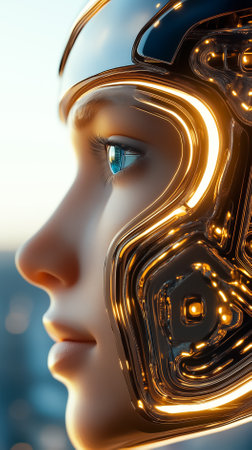 Close-up view of humanoid robot head with futuristic design and glowing elements. High-tech setting, capturing advanced robotics innovation. Concept of AI, technology development, engineering.の素材