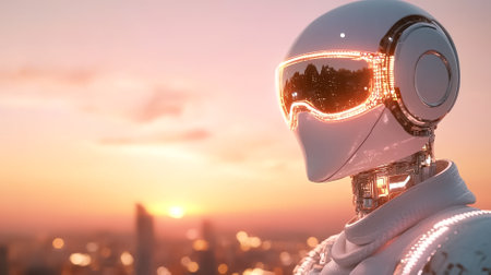 Futuristic robot stands with glowing visor in sunset backdrop. City skyline creates a vibrant urban setting, showcasing advanced technology and innovation.の素材