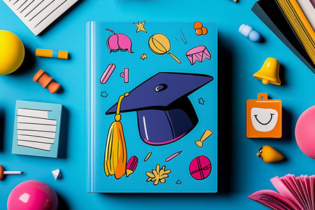 Colorful graduation themed notebook with cap illustration on bright blue surface. Surrounding items include colorful school supplies and decorations, creating celebratory atmosphere.の素材