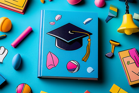 Graduation book with playful design elements on bright blue background. Colorful pens, shapes, and graduation cap create fun atmosphere. Concept of education, celebration, stationery.の素材