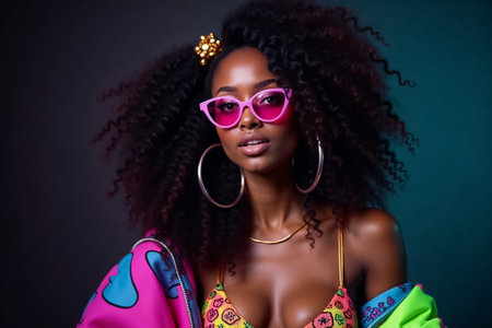 Model with luscious curly hair poses confidently, wearing vibrant outfit and colorful sunglasses. Dark backdrop creates bold contrast. Concept of fashion, beauty, style.の素材