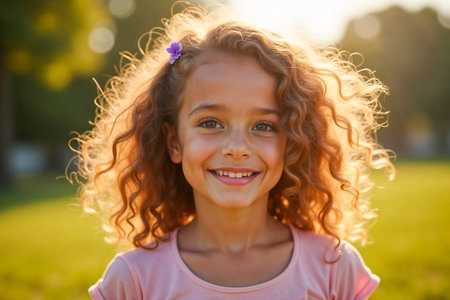 Girl smiling with curly hair in sunlight, highlighting her joyful expression. Green park setting with soft golden light creating a warm ambiance. Concept of happiness, childhood, family photography.の素材