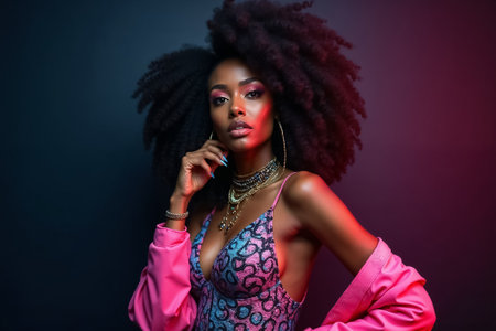 Confident woman poses against dark background with colorful lighting. Fashion-forward look features bold hairstyle and attire, emphasizing individuality.の素材