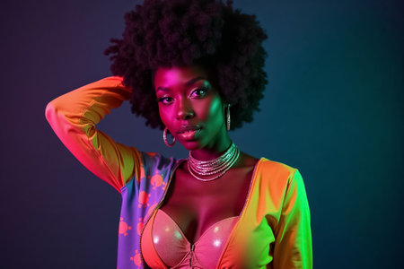 Woman poses confidently, showcasing her hair and trendy outfit in bold colors. Vibrant artistic lighting enhances her features and style. Concept of fashion, beauty, photography.の素材