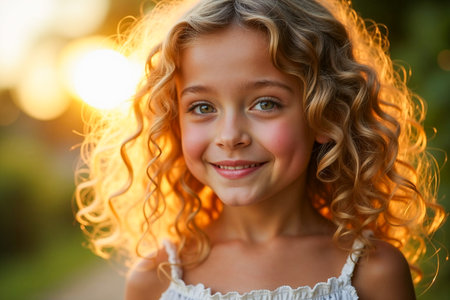 Smiling girl with curly hair looks at camera in warm golden sunlight. Beautiful outdoor setting with soft focus background. Concept of childhood, happiness, family moments.の素材