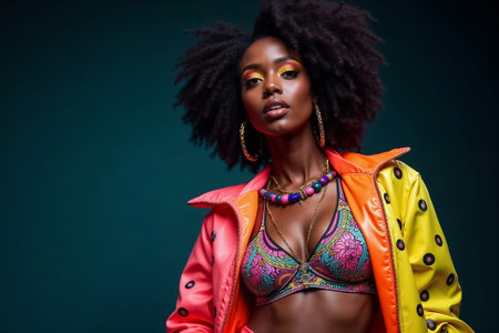 Fashion model showcases unique style with colorful attire and glamorous makeup. Bold expression highlighted against a dark green backdrop. Concept of fashion, beauty, photography.の素材