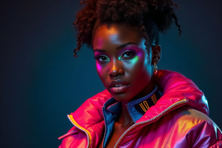 Woman looking confidently at camera with striking makeup and colorful jacket. Set against a dark background highlighting her features. Concept of modern fashion, beauty industry, creative expression.の素材