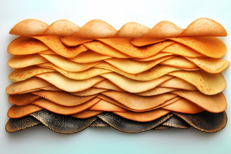 Flatbread stack displayed in layered arrangement against seamless white backdrop. Clean minimalist style emphasizes texture and color variations. Concept of food industry, culinary arts, baking.の素材