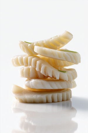 Slices of ripe bananas arranged in a stack against a clean white background creating a bright and inviting look. Concept of culinary arts, healthy snacks, fruit recipes.の素材