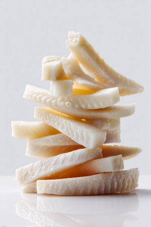 Stacked slices of fresh white vegetables arranged artistically on smooth surface. Clean, minimalistic design emphasizes textures and colors.の素材