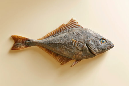 Whole fish displayed on light blank surface highlighting natural textures and colors. Concept of culinary arts, seafood restaurants, healthy eating.の素材