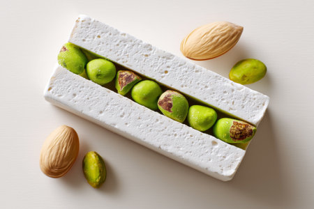 Nougat candy with green pistachios and almonds arranged aesthetically on smooth white surface. Concept of confectionery, dessert creation, snack industry.の素材