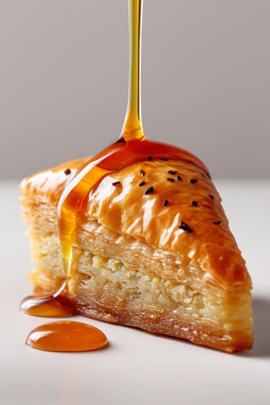 Baklava slice drenched in golden honey, highlighting its flaky pastry and nut-filled interior. Clean white background emphasizes dessert's elegance. Concept of bakeries, catering, dessert shops.の素材