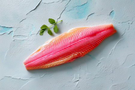 Fresh salmon fillet placed on textured blue surface. Vibrant pink color emphasizes quality and freshness. Concept of seafood, culinary arts, gourmet cooking.の素材