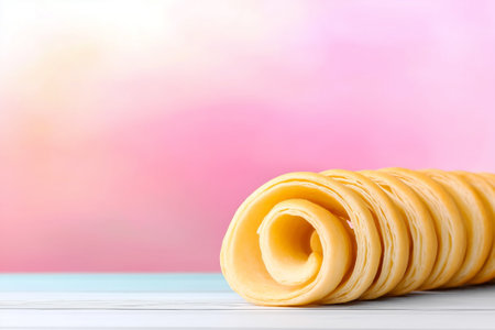 Minimalist presentation of flaky pastry roll on smooth surface with blurred pastel hues in background. Concept of culinary art, bakeries, dessert shops.の素材