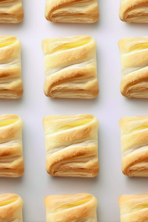 Puff pastry squares neatly arranged with clean lines and soft edges. Bright white background highlights their texture and shape. Concept of bakery, pastry shops, culinary arts.の素材