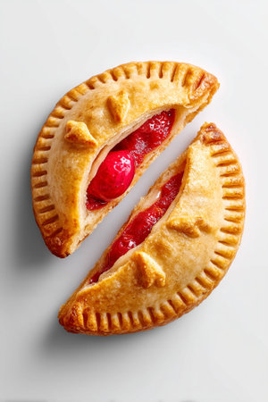 Minimalist photo of fruit-filled turnover cut to reveal juicy red filling. Clean white background enhances visual appeal of baked good. Concept of bakeries, dessert shops, snack foods.の素材