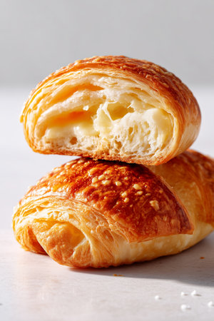 Cheese-stuffed puff pastry stacked temptingly on clean white surface displaying flaky texture and rich filling. Concept of culinary delights, gourmet snacks, bakery.の素材