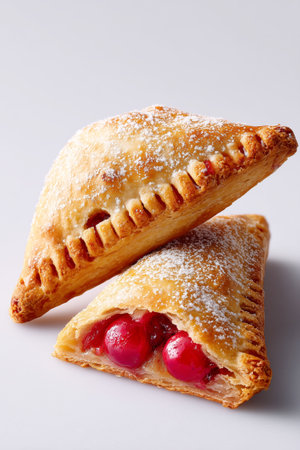 Fruit-filled turnover cut open to show luscious interior and flaky pastry. Clean white background enhances colors of fruit. Concept of baking, desserts, culinary arts.の素材