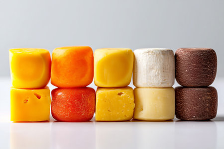 Cheese assortment aligned horizontally by color on a clean white surface. Minimalist style enhances vibrant hues. Concept of culinary arts, food marketing, gourmet shops.の素材