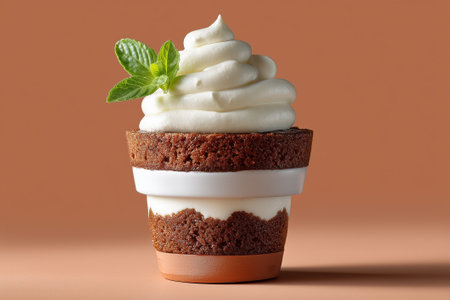 Minimalist presentation of dessert cup with layered cake and cream, decorated with mint leaf. Warm earthy background enhances visual appeal. Concept of bakeries, dessert shops, catering.の素材