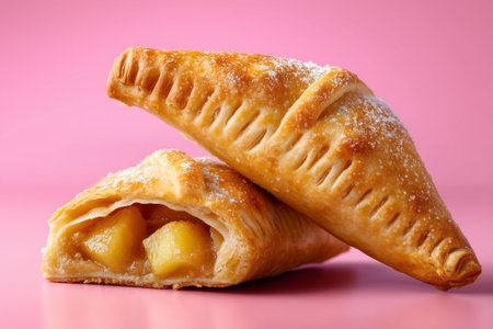 Flaky fruit turnovers sliced open revealing sweet apple filling. Bright pink backdrop adds vibrancy to pastry. Concept of bakery, dessert shop, catering service.の素材