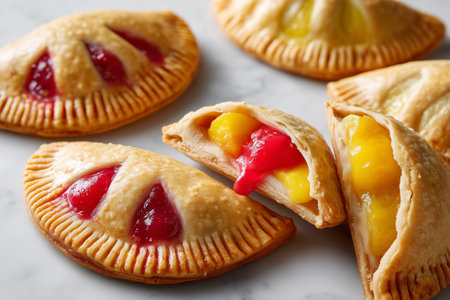 Minimally styled filled hand pies bursting with fresh fruit on a bright white surface. Clean and inviting setting, emphasizing delicious homemade treats. Concept of bakery, catering, food service.の素材