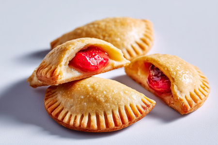 Filled hand pies with fruit oozing slightly on clean white surface. Minimalist style emphasizes gourmet quality and freshness. Concept of dessert, bakery, food industry.の素材