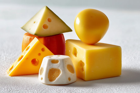 Minimalist display of mixed cheese pieces in various geometric shapes on clean white surface. Concept of culinary arts, cheese production, gourmet food.の素材