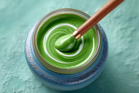 Bright green paint swirls being mixed with a brush in a jar on textured turquoise background. Concept of art, creativity, DIY projects, and painting supplies.の素材