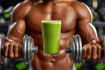 Young athlete holds vibrant green protein smoothie, showcasing wellness and fitness in modern gym environment. Energetic atmosphere with blurred dumbbells behind.の素材