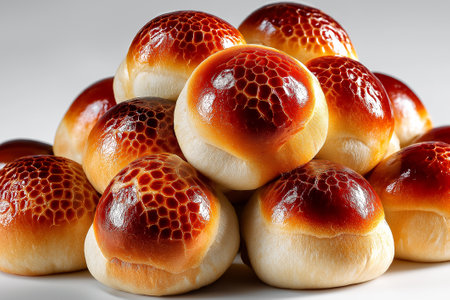 Cluster of small round buns with glossy honeycomb crust arranged neatly. Minimalist design, clean background enhances focus on baked goods. Concept of bakery, culinary art, gourmet pastry.の素材