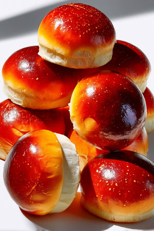 Minimalist display of small round buns with glossy glaze stacked together. Bright light enhances textures and colors. Concept of baking, food presentation, gastronomy.の素材