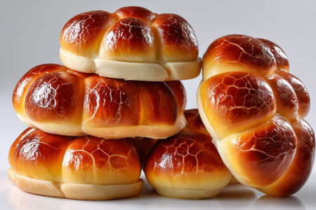 Minimalist display of freshly baked sweet brioche rolls with shiny golden crust. Set against a clean grey backdrop highlighting texture and shine. Concept of bakery, confectionery, gourmet.の素材