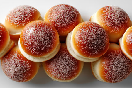 minimalist composition of sugar-dusted mini buns showcasing rich golden tops with a sprinkle of sugar. Clean white background enhances appeal and highlights culinary artistry.の素材