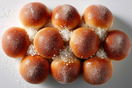 minimalist rendering of sugar-dusted mini buns arranged neatly. Clean white background enhances focus on delicious pastries. Concept of bakeries, dessert shops, gourmet treats.の素材