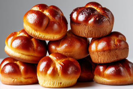 Sweet brioche rolls stacked artistically with a soft golden hue. Minimalist setting with smooth white background. Concept of bakery, dessert indulgence, gourmet food.の素材