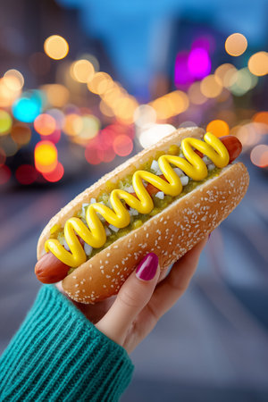 Hand holds loaded hot dog topped with mustard and relish. Colorful blurred neon lights create lively urban backdrop. Concept of street food, nightlife, food vendors.の素材