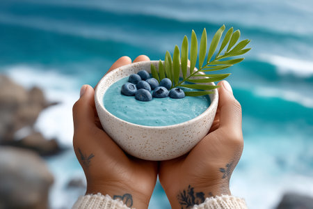 Smoothie bowl held above ocean with vibrant colors and fresh blueberries. Background features dynamic waves and surf lifestyle. Concept of health, wellness, beach cafes.の素材