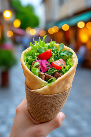Hand holding traditional Turkish dner bread pocket filled with fresh meat and salad. Bright blurred street background adds warmth to atmosphere.の素材