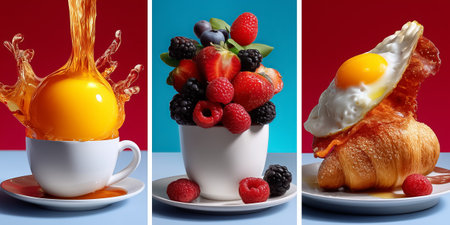 Colorful modern collage displaying breakfast items including eggs, fruit, and croissants. Bright background creates lively mood in kitchen setting. Concept of food industry, catering, culinary arts.の素材