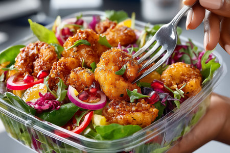 Hand grabs fork with crispy chicken salad in clear container. Office desk background with fresh greens and vibrant toppings. Concept of meal prep, healthy eating, corporate lunch.の素材