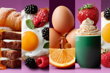 Bright and modern collage featuring fresh breakfast elements. Colorful display includes croissant, eggs, berries, orange slices, and cappuccino. Concept of cafes, restaurants, culinary arts.の素材