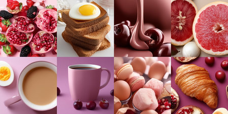 Vibrant modern collage displaying colorful breakfast closeup featuring fruits, toast, and beverages. Appealing arrangement on pink background enhances visual interest.の素材