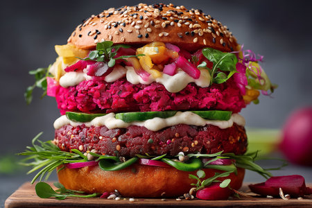Vegan burger showcases vibrant beetroot patty layered with fresh vegetables and sauces. Clean gray background enhances visual appeal. Concept of plant-based dining, health food, vegan cafes.の素材